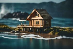 une miniature en bois maison sur le plage. généré par ai photo