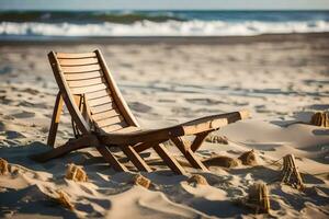 une en bois chaise est assis sur le plage près le océan. généré par ai photo