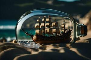 une navire dans une bouteille sur le plage. généré par ai photo