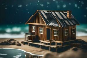 une petit en bois maison sur le plage à nuit. généré par ai photo