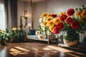 une vivant pièce avec une grand vase de fleurs. généré par ai photo