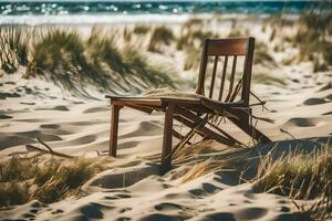 une chaise est assis sur le le sable dans de face de le océan. généré par ai photo