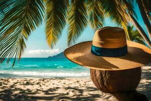 une chapeau sur une noix de coco arbre sur le plage. généré par ai photo