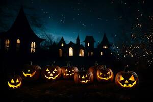 Halloween citrouilles dans de face de une château. généré par ai photo