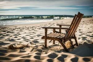 une en bois chaise est assis sur le plage près le océan. généré par ai photo