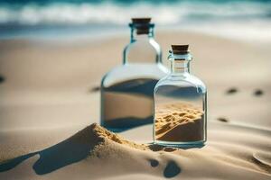 deux vide bouteilles sur le plage avec sable. généré par ai photo