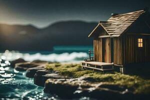 une miniature maison sur le rive de le océan. généré par ai photo