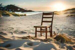 une chaise est assis sur le le sable à le coucher du soleil. généré par ai photo