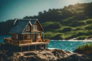 une miniature maison sur une petit île par le océan. généré par ai photo