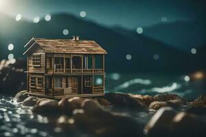 une miniature maison sur le rochers dans le sombre. généré par ai photo