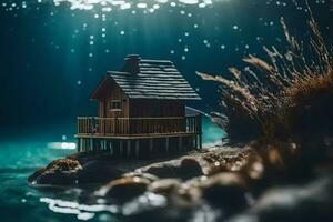 une miniature maison sur le rive de le océan. généré par ai photo