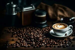 café des haricots et une café tasse sur une en bois tableau. généré par ai photo