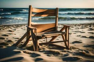 une chaise est assis sur le plage à le coucher du soleil. généré par ai photo