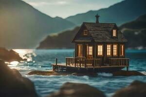 une minuscule maison sur le rochers par le océan. généré par ai photo