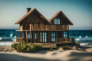 une miniature en bois maison sur le plage. généré par ai photo