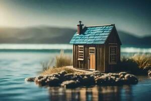 une miniature maison est assis sur le rive de une lac. généré par ai photo