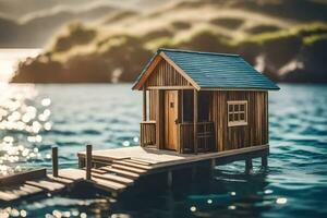 une miniature maison sur une Dock dans le l'eau. généré par ai photo