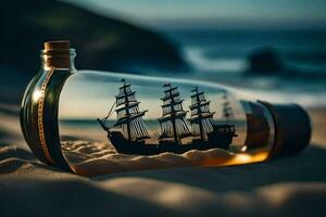 navire dans une bouteille, plage, sable, océan, bateau, HD fond d'écran. généré par ai photo