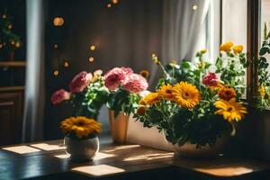 fleurs dans des vases sur une rebord de fenêtre. généré par ai photo