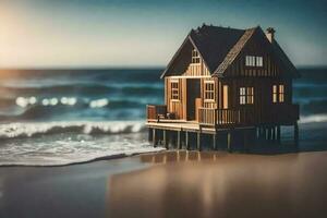 une miniature maison sur le plage avec le océan dans le Contexte. généré par ai photo
