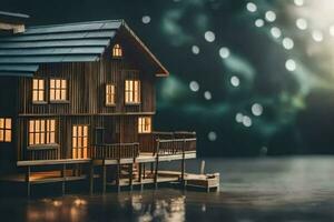 une miniature maison sur une Lac avec lumières sur. généré par ai photo