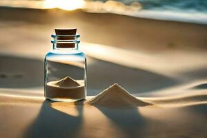 une bouteille de le sable sur le plage. généré par ai photo