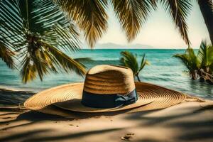 une paille chapeau sur le plage. généré par ai photo