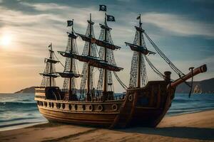 une pirate navire sur le plage à le coucher du soleil. généré par ai photo