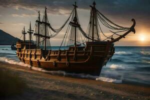 une en bois navire sur le plage à le coucher du soleil. généré par ai photo