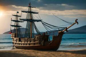 une en bois pirate navire est assis sur le plage à le coucher du soleil. généré par ai photo