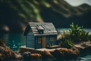 une miniature maison sur une Roche par le l'eau. généré par ai photo