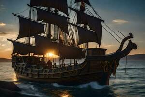 une pirate navire est voile dans le océan à le coucher du soleil. généré par ai photo