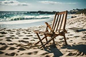 une en bois chaise est assis sur le plage près le océan. généré par ai photo