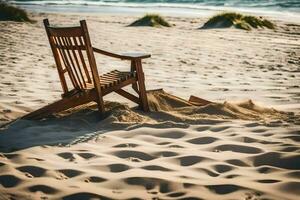 une en bois chaise est assis sur le le sable à le plage. généré par ai photo