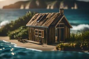 une petit en bois maison sur le plage par le océan. généré par ai photo