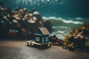 minuscule maison sur le plage par le mer. généré par ai photo