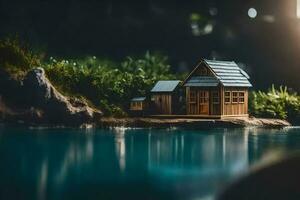 minuscule maison sur le lac. généré par ai photo