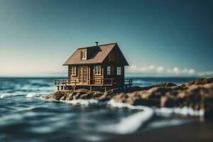 minuscule maison sur le plage. généré par ai photo