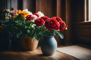 fleurs dans une vase sur une en bois sol. généré par ai photo