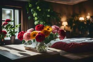 fleurs dans des vases sur une table dans de face de une la fenêtre. généré par ai photo
