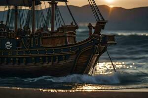 une modèle pirate navire est sur le plage à le coucher du soleil. généré par ai photo
