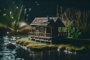 une miniature maison est assis sur une petit île dans le l'eau. généré par ai photo