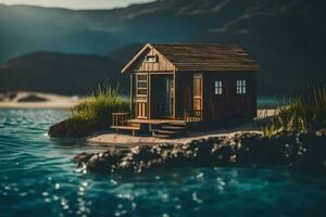 une minuscule maison sur une petit île dans le milieu de le océan. généré par ai photo