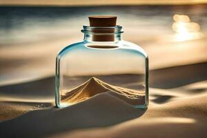 une bouteille avec le sable à l'intérieur sur le plage. généré par ai photo