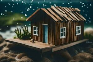 une miniature maison sur une en bois Plate-forme dans le océan. généré par ai photo