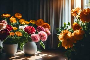 fleurs dans des vases sur une tableau. généré par ai photo