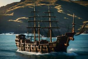une en bois pirate navire dans le océan. généré par ai photo