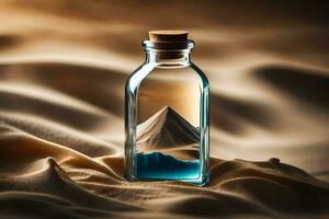 une bouteille avec le sable et une Montagne à l'intérieur. généré par ai photo
