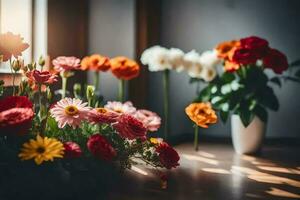 fleurs dans des vases sur une tableau. généré par ai photo