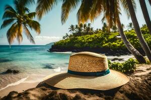 une paille chapeau sur le plage. généré par ai photo